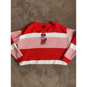 Disney Her Universe Strawberry Minnie Sweater Boxy Striped Red Pink Cropped